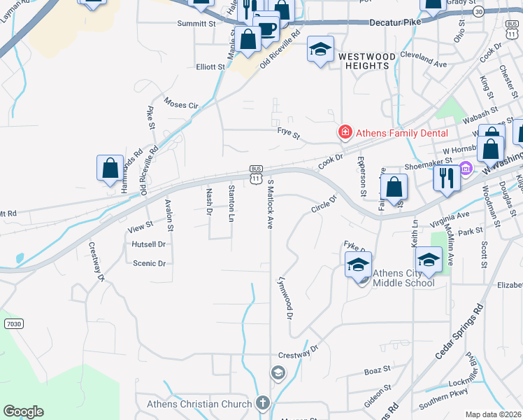 map of restaurants, bars, coffee shops, grocery stores, and more near 110 S Matlock Ave in Athens