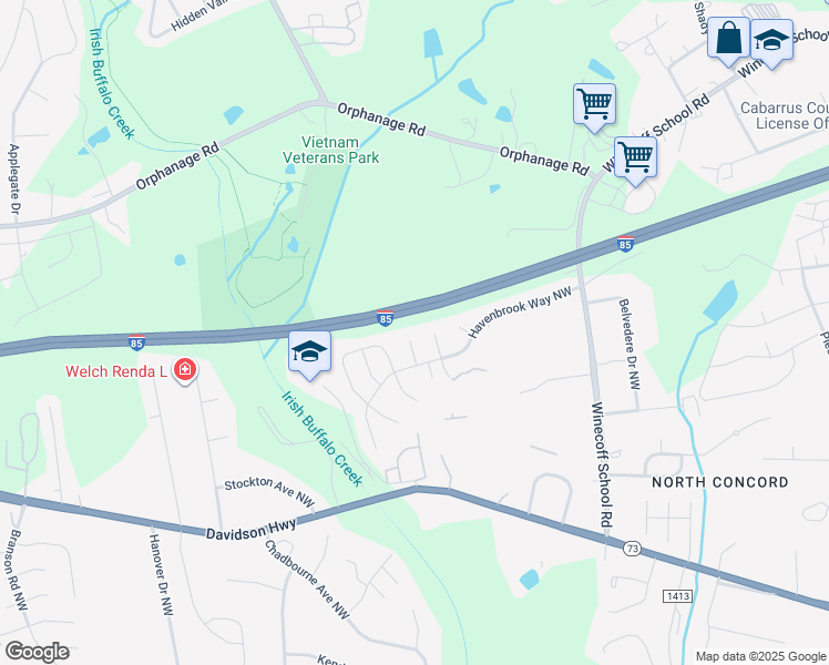 map of restaurants, bars, coffee shops, grocery stores, and more near 1430 Rheo Court Northwest in Concord