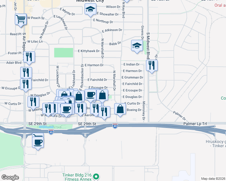 map of restaurants, bars, coffee shops, grocery stores, and more near 405 North Marshall Drive in Midwest City