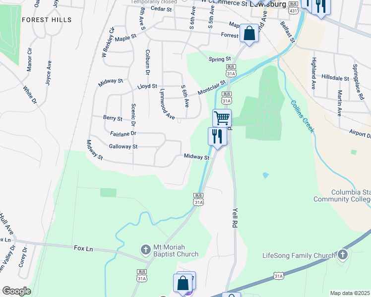 map of restaurants, bars, coffee shops, grocery stores, and more near 721 Hillslope Road in Lewisburg