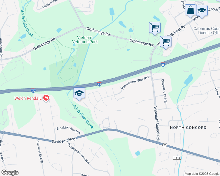 map of restaurants, bars, coffee shops, grocery stores, and more near 1430 Rheo Court Northwest in Concord