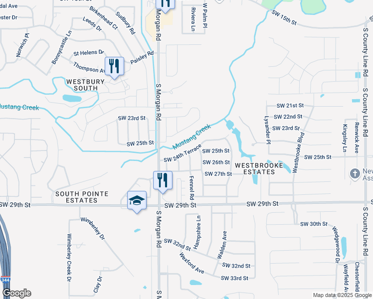 map of restaurants, bars, coffee shops, grocery stores, and more near 9625 Southwest 24th Terrace in Oklahoma City