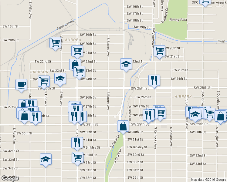 map of restaurants, bars, coffee shops, grocery stores, and more near 2128 Southwest 25th Street in Oklahoma City
