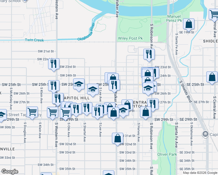 map of restaurants, bars, coffee shops, grocery stores, and more near 522 SW 25th St in Oklahoma City