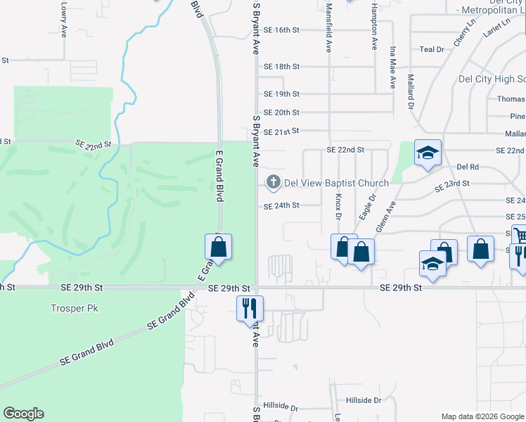 map of restaurants, bars, coffee shops, grocery stores, and more near 3200 Southeast 24th Street in Del City