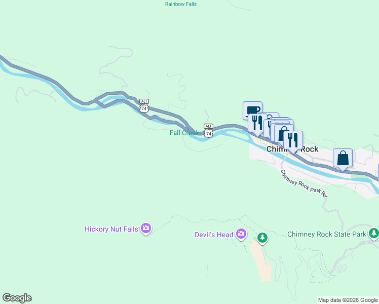 map of restaurants, bars, coffee shops, grocery stores, and more near 192 Fall Creek Drive in Chimney Rock