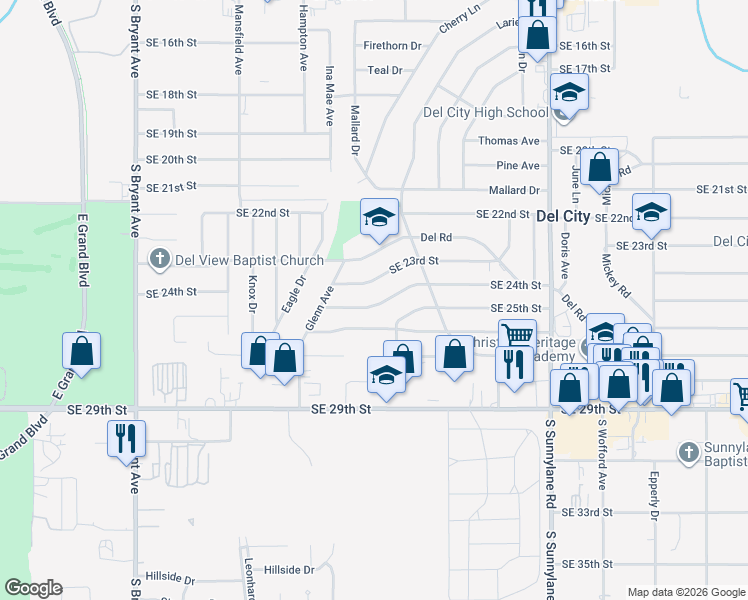 map of restaurants, bars, coffee shops, grocery stores, and more near 3725 Southeast 24th Street in Del City