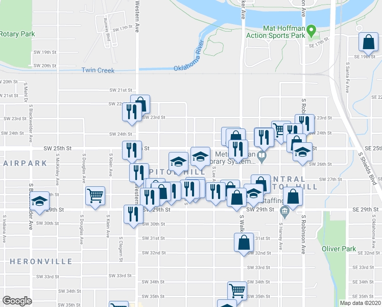 map of restaurants, bars, coffee shops, grocery stores, and more near 2604 South Shartel Avenue in Oklahoma City
