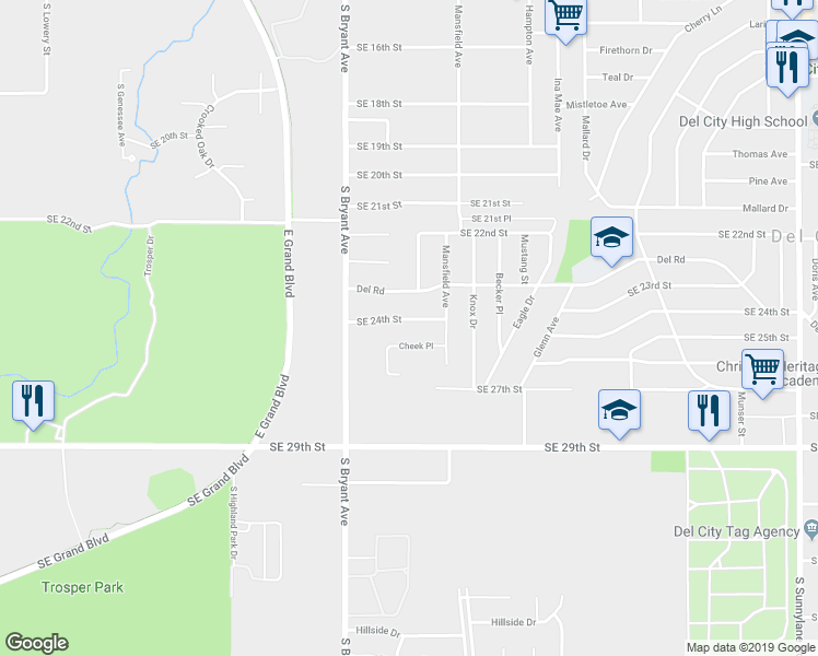map of restaurants, bars, coffee shops, grocery stores, and more near 3236 Southeast 24th Street in Del City