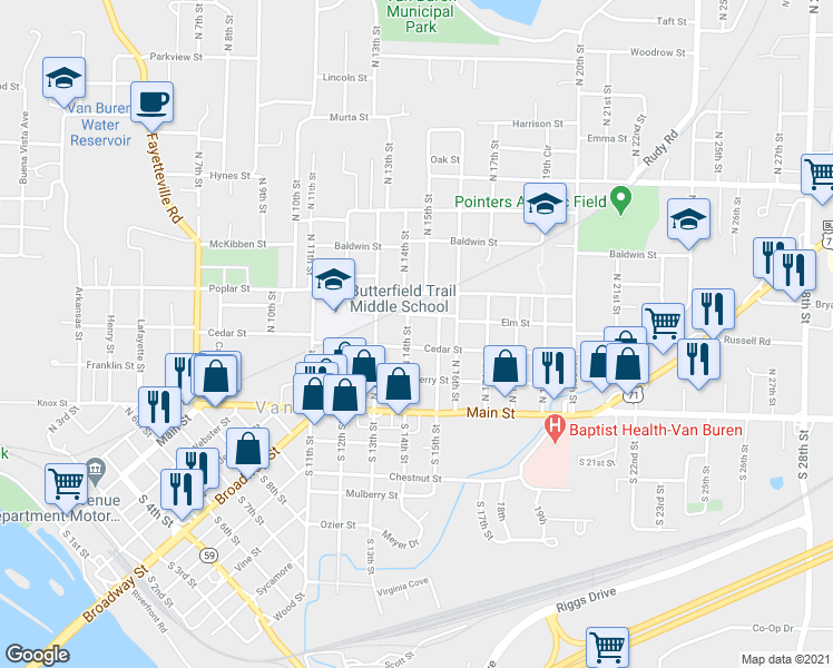 map of restaurants, bars, coffee shops, grocery stores, and more near 208 North 14th Street in Van Buren