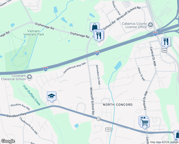 map of restaurants, bars, coffee shops, grocery stores, and more near Winecoff School Road in Concord