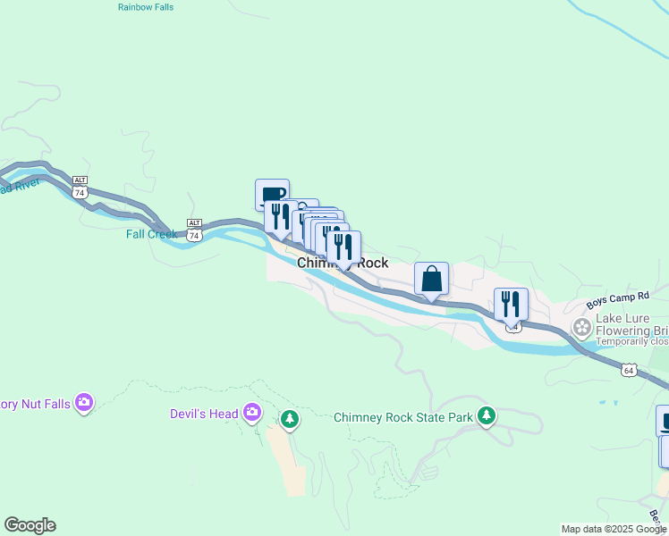 map of restaurants, bars, coffee shops, grocery stores, and more near 357 Main Street in Chimney Rock