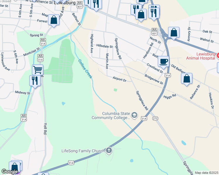 map of restaurants, bars, coffee shops, grocery stores, and more near 411 Airport Drive in Lewisburg