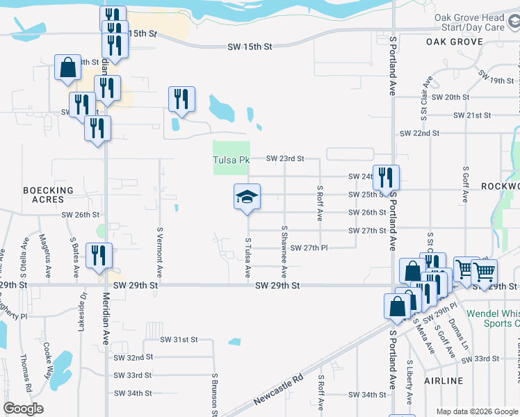 map of restaurants, bars, coffee shops, grocery stores, and more near 4033 Southwest 26th Street in Oklahoma City