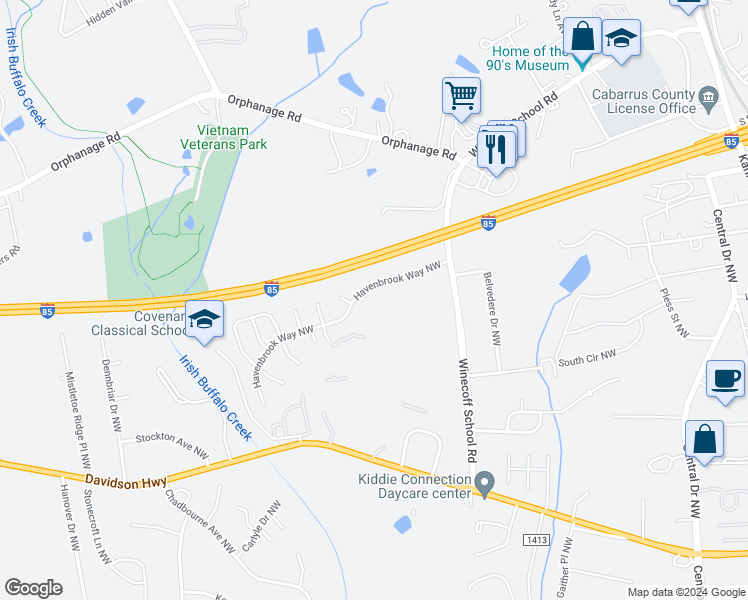 map of restaurants, bars, coffee shops, grocery stores, and more near 1411 Besor Place Northwest in Concord