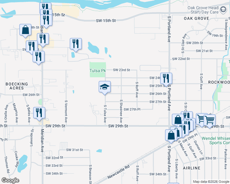 map of restaurants, bars, coffee shops, grocery stores, and more near 4033 Southwest 26th Street in Oklahoma City