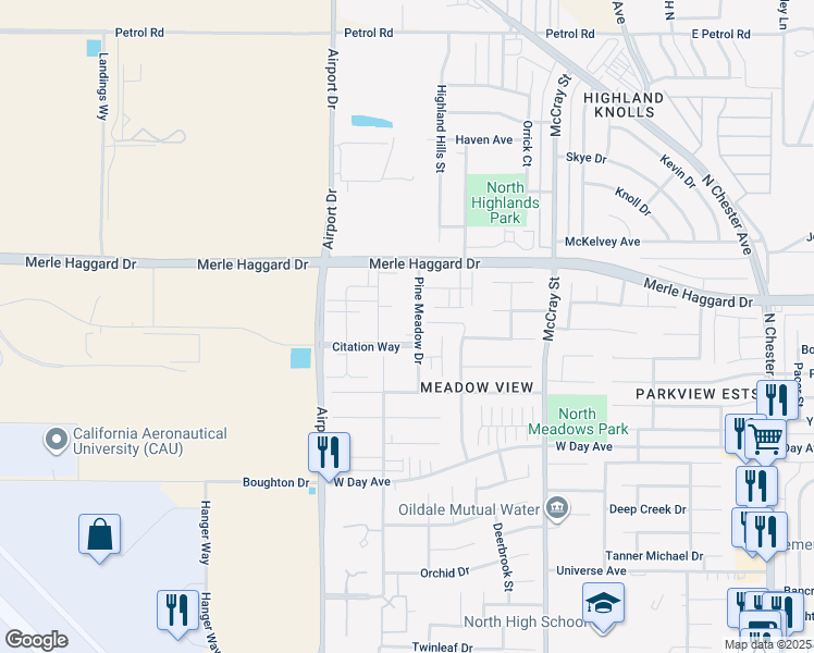 map of restaurants, bars, coffee shops, grocery stores, and more near 3633 Pine Meadow Drive in Bakersfield