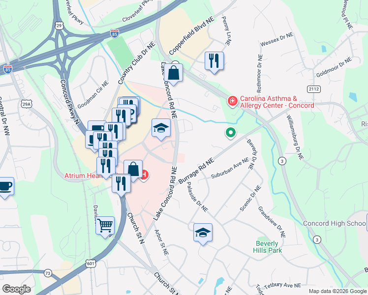 map of restaurants, bars, coffee shops, grocery stores, and more near 140 Lake Concord Road Northeast in Concord