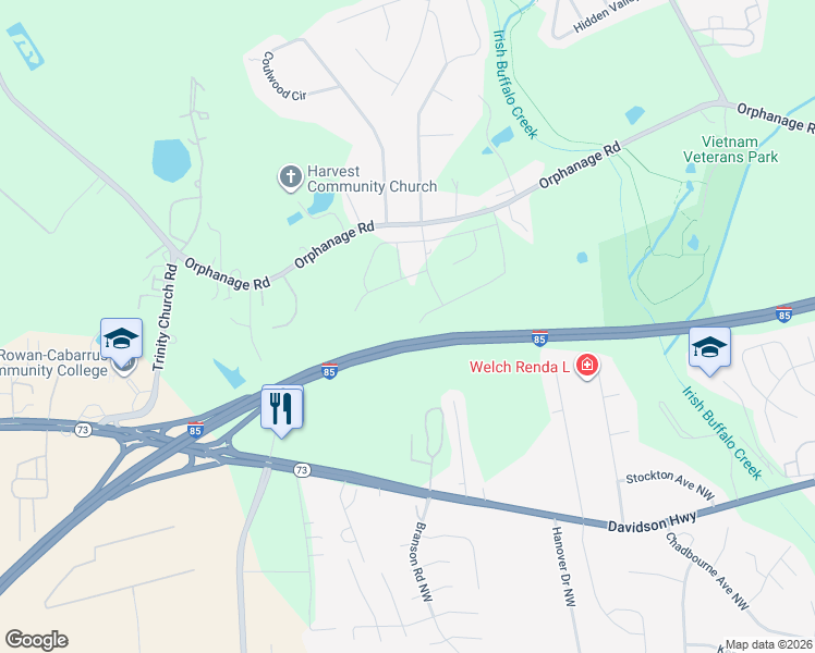 map of restaurants, bars, coffee shops, grocery stores, and more near Interstate 85 in Concord