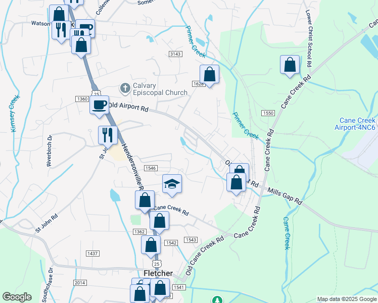 map of restaurants, bars, coffee shops, grocery stores, and more near 132 Thea Lane in Fletcher