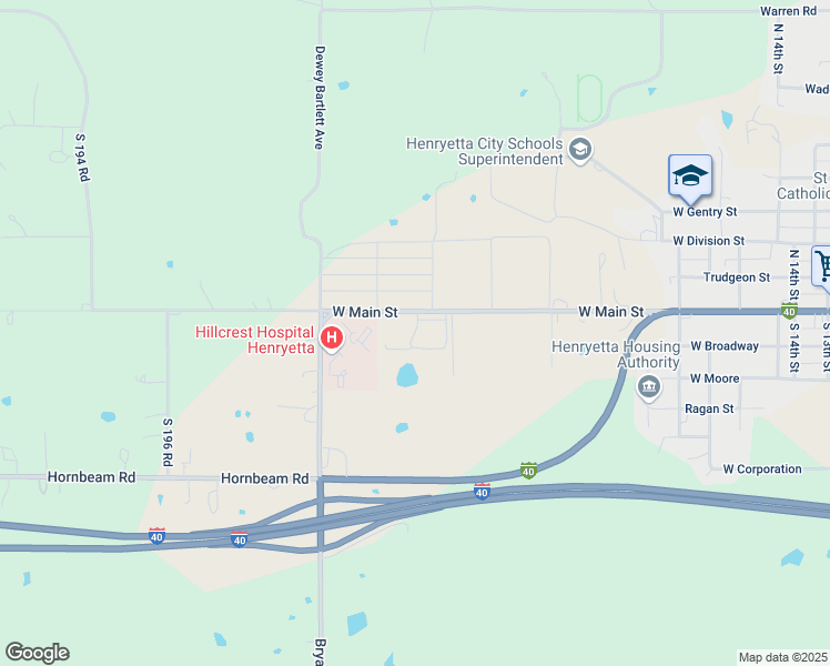 map of restaurants, bars, coffee shops, grocery stores, and more near 2301 West Main Street in Henryetta