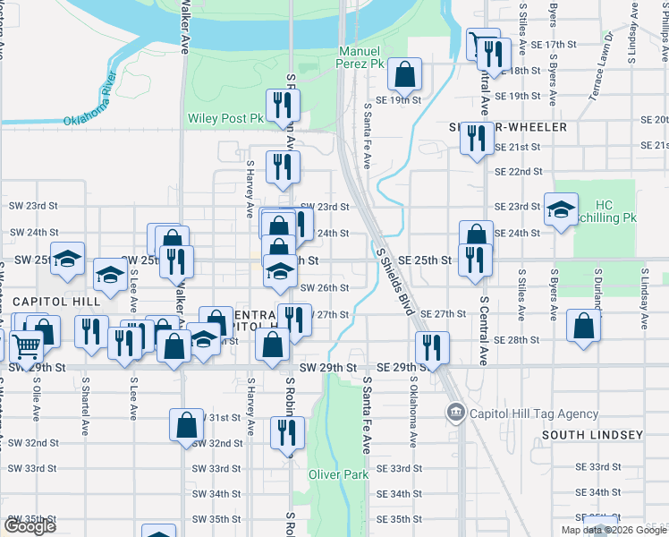 map of restaurants, bars, coffee shops, grocery stores, and more near 20 Southwest 25th Street in Oklahoma City