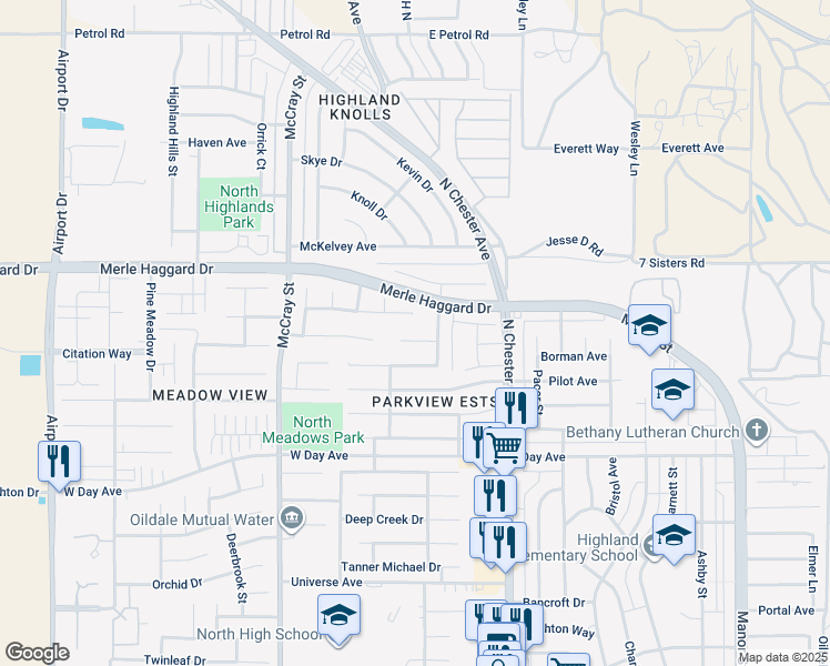 map of restaurants, bars, coffee shops, grocery stores, and more near 242 Winter Meadow Way in Bakersfield