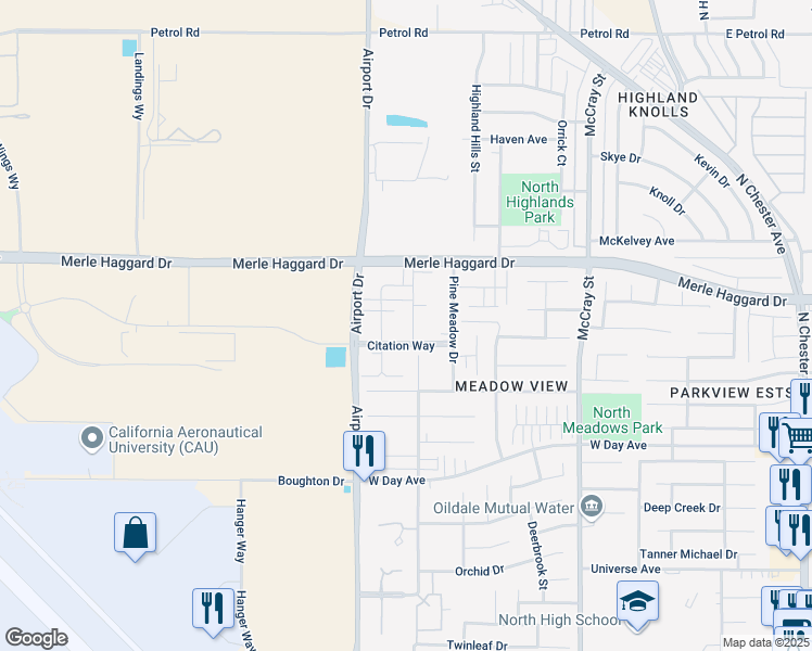 map of restaurants, bars, coffee shops, grocery stores, and more near 3461 Park Meadows Drive in Bakersfield