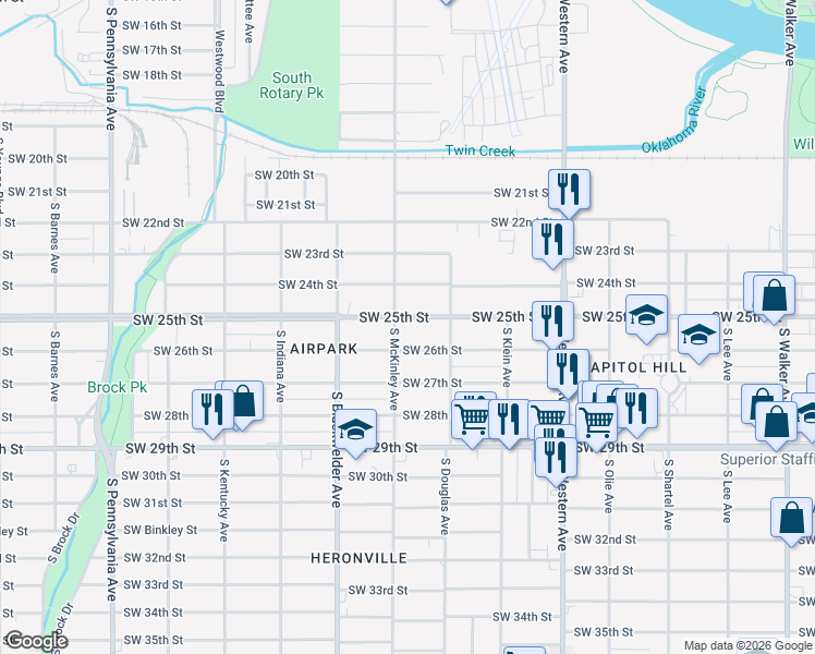 map of restaurants, bars, coffee shops, grocery stores, and more near 1132 Southwest 25th Street in Oklahoma City