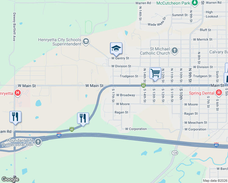 map of restaurants, bars, coffee shops, grocery stores, and more near 108 South 17th Street in Henryetta