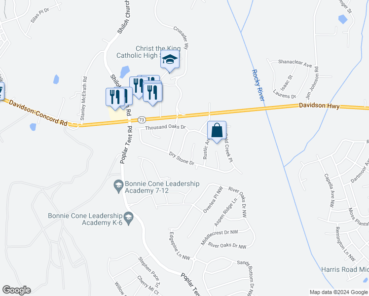 map of restaurants, bars, coffee shops, grocery stores, and more near 1820 Rustic Barn Drive in Huntersville