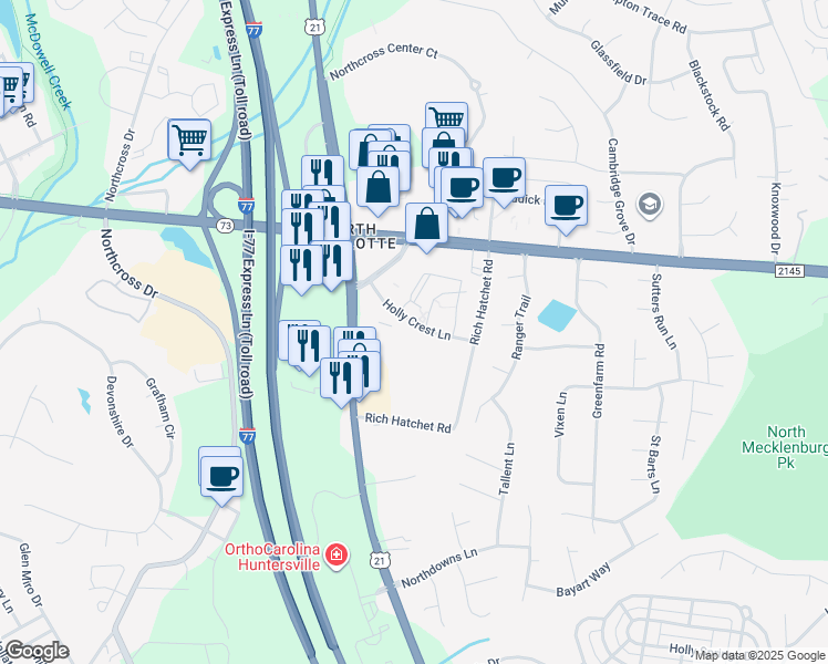 map of restaurants, bars, coffee shops, grocery stores, and more near 16403 Holly Crest Lane in Huntersville