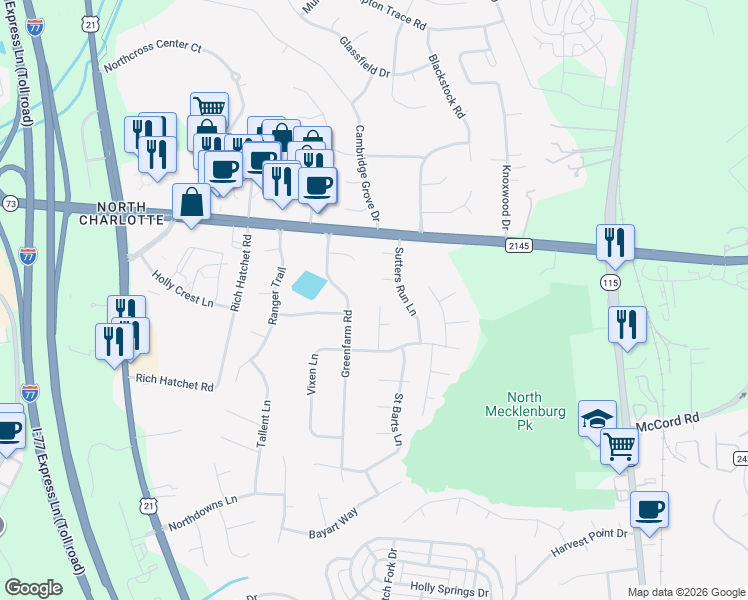 map of restaurants, bars, coffee shops, grocery stores, and more near 16543 Rudyard Lane in Huntersville