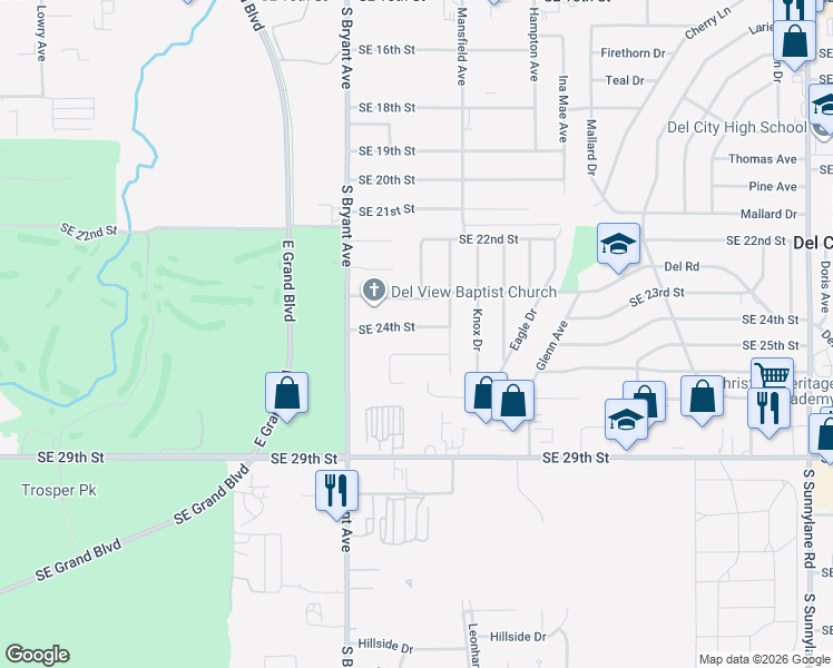 map of restaurants, bars, coffee shops, grocery stores, and more near 3300 Southeast 24th Street in Del City
