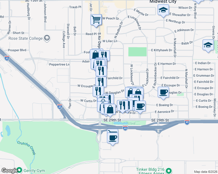 map of restaurants, bars, coffee shops, grocery stores, and more near 216 West Ercoupe Drive in Midwest City