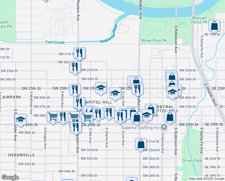 map of restaurants, bars, coffee shops, grocery stores, and more near 2604 South Shartel Avenue in Oklahoma City