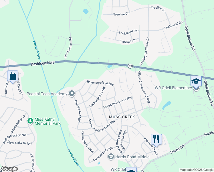 map of restaurants, bars, coffee shops, grocery stores, and more near 1604 Dartmoor Avenue Northwest in Concord