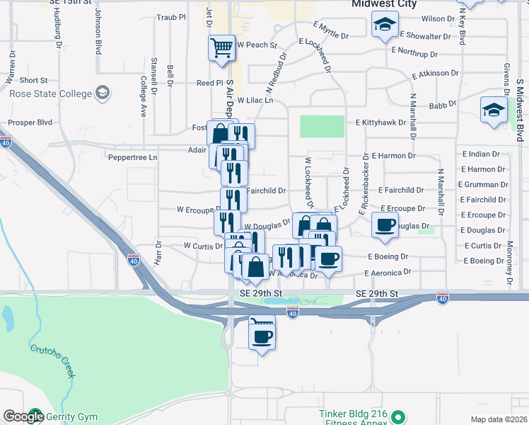 map of restaurants, bars, coffee shops, grocery stores, and more near 216 West Ercoupe Drive in Midwest City