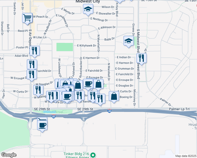 map of restaurants, bars, coffee shops, grocery stores, and more near 312 East Ercoupe Drive in Midwest City