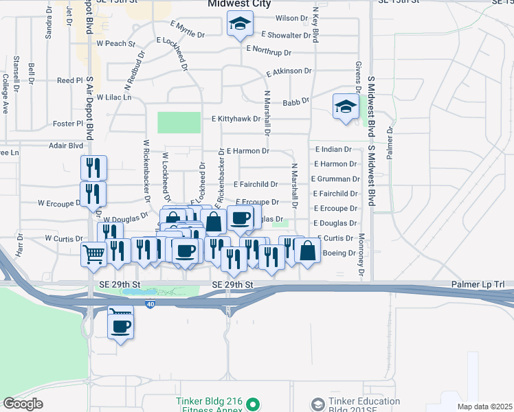 map of restaurants, bars, coffee shops, grocery stores, and more near 304 East Ercoupe Drive in Midwest City