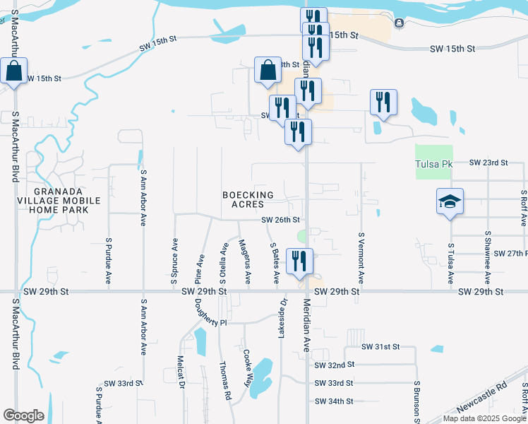 map of restaurants, bars, coffee shops, grocery stores, and more near 2609 South Meridian Avenue in Oklahoma City