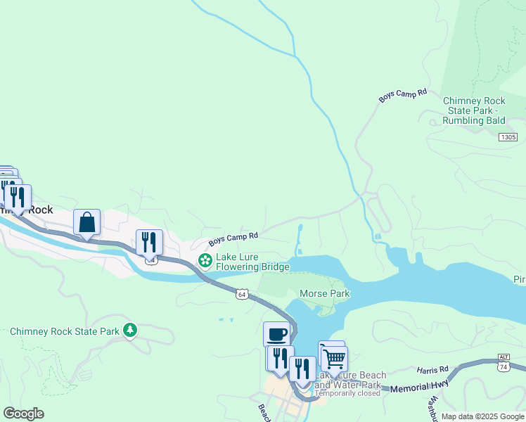 map of restaurants, bars, coffee shops, grocery stores, and more near 251 Boys Camp Road in Lake Lure