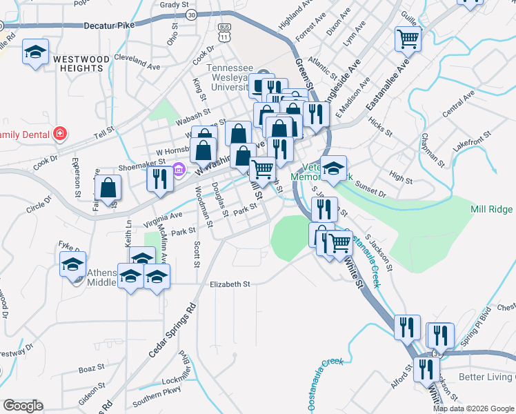 map of restaurants, bars, coffee shops, grocery stores, and more near 213 Park Street in Athens