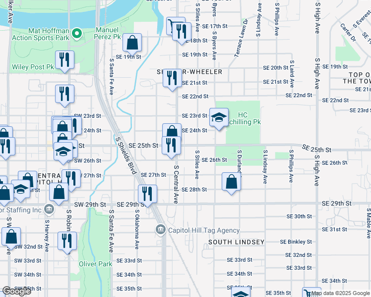 map of restaurants, bars, coffee shops, grocery stores, and more near 312 Southeast 25th Street in Oklahoma City