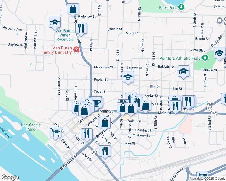 map of restaurants, bars, coffee shops, grocery stores, and more near 924 Cedar Street in Van Buren