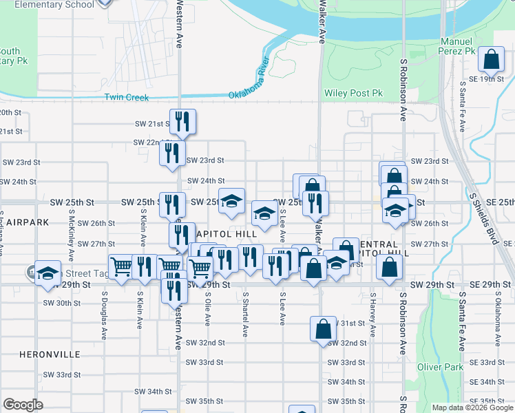 map of restaurants, bars, coffee shops, grocery stores, and more near 2604 South Shartel Avenue in Oklahoma City