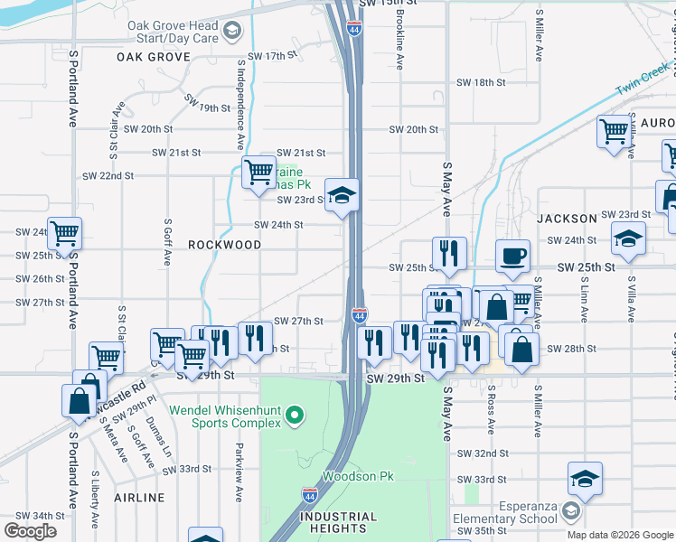 map of restaurants, bars, coffee shops, grocery stores, and more near 2601 Southwest Grand Boulevard in Oklahoma City