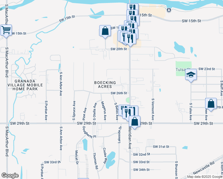 map of restaurants, bars, coffee shops, grocery stores, and more near 2609 South Meridian Avenue in Oklahoma City