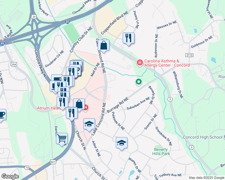 map of restaurants, bars, coffee shops, grocery stores, and more near 140 Lake Concord Road Northeast in Concord