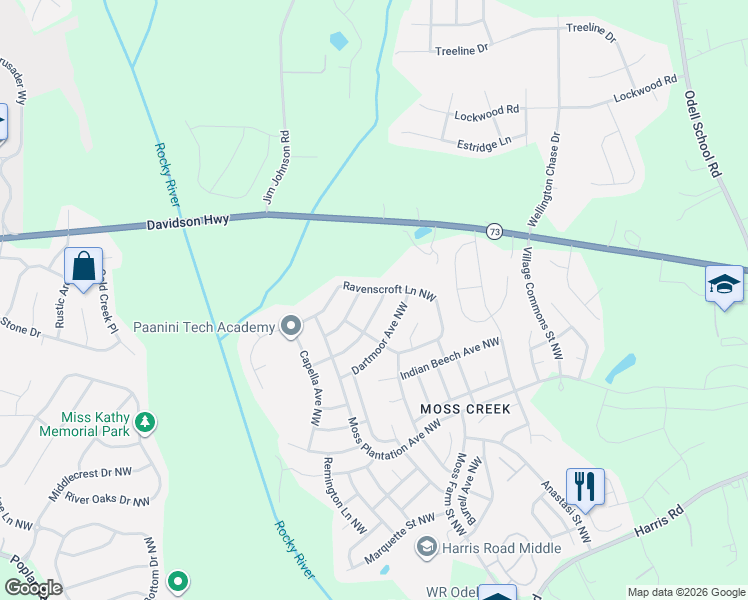 map of restaurants, bars, coffee shops, grocery stores, and more near 1600 Bay Meadows Avenue Northwest in Concord
